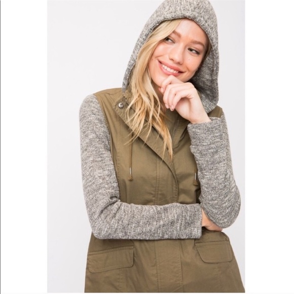 LOVE TREE Women’s Hooded Utility Jacket Green/Gray NWT - Picture 3 of 13